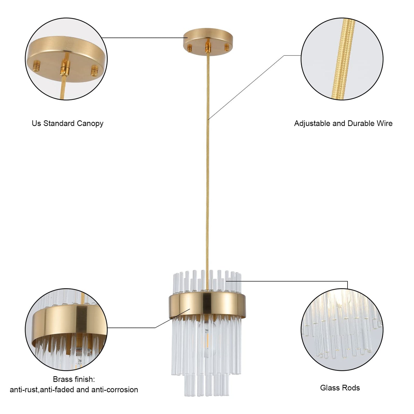 Gold Pendant Lights Kitchen Island,1-Light Crystal Pendant Light Fixtures Over Island,Modern Brass Mini chandelier For Dining Room, Adjustable Cord Hanging Lights For Bedroom,Bar,Sink,Entryway