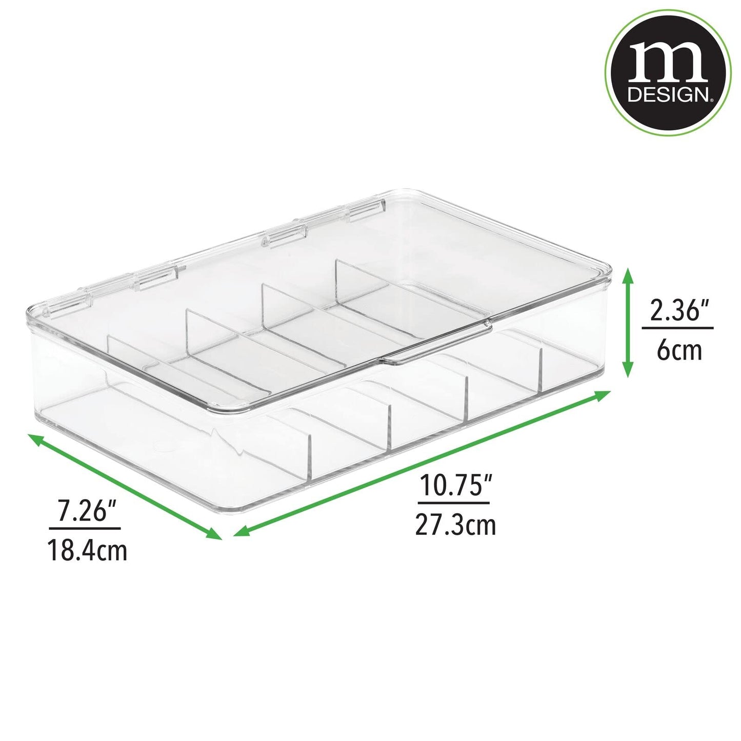 mDesign Plastic Divided Stackable Hair, Makeup & Jewelry Organizer Box with Hinge Lid for Bathroom Vanity Countertop - 5 Sections - Stores Hair Clips, Barrettes - Ligne Collection - 2 Pack - Clear