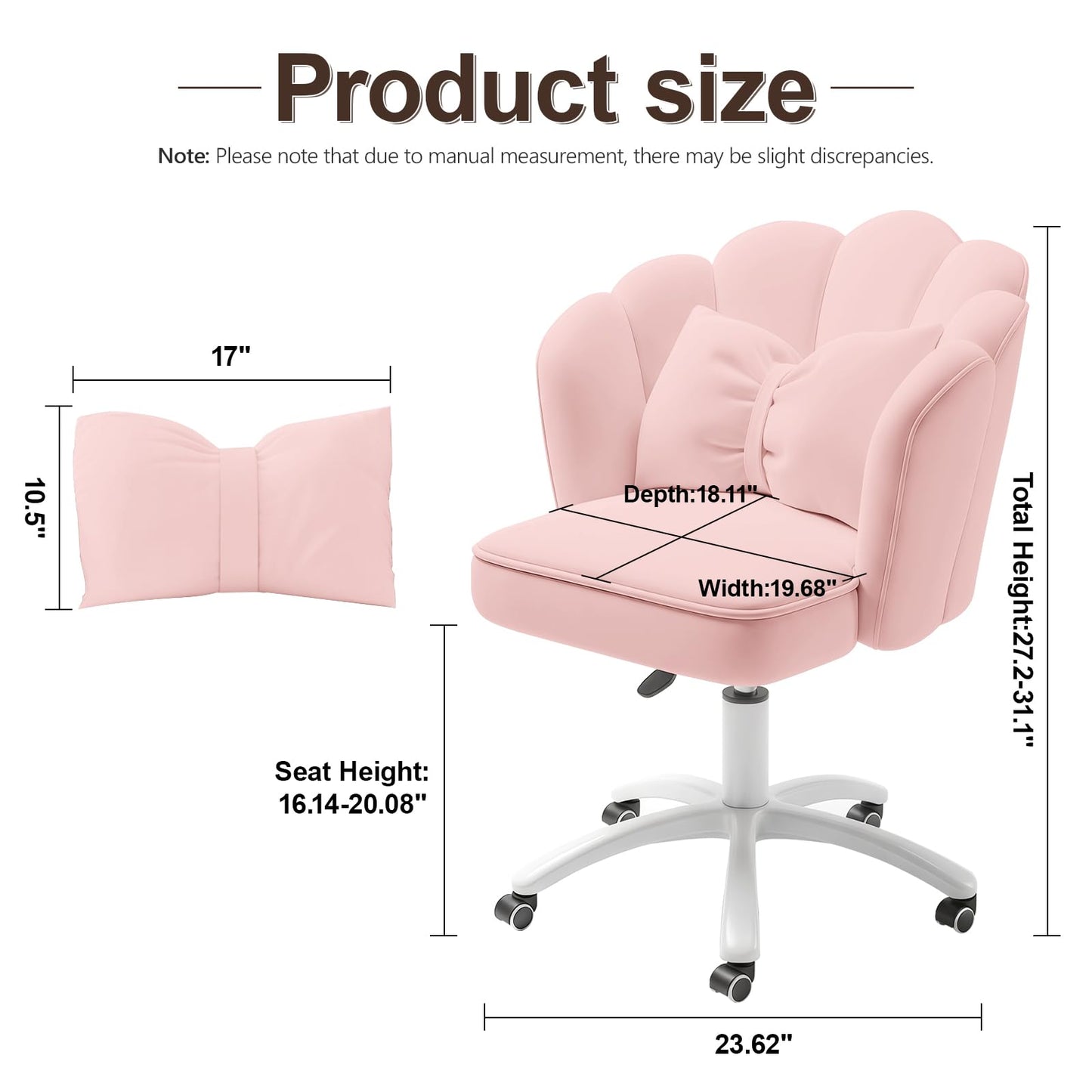 XUEGW Petal Desk Chair with Bow Cushion Velvet Vanity Chair with Wheels, Upholstered Home Office Chair for Girls Women, Mid-Back Swivel Computer Task Chairs for Living Room Bedroom