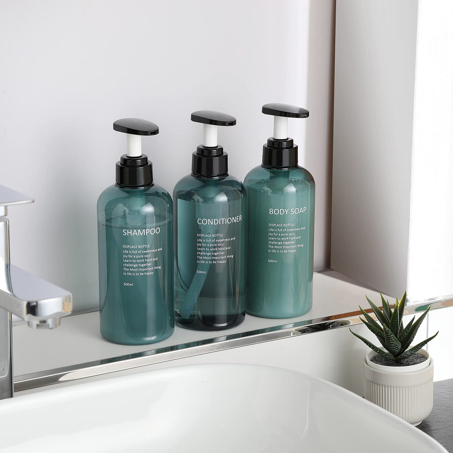 Shampoo and Conditioner Dispenser Bottles-3pcs 16.9oz Plastic Empty Refillable Pump Lotion Bottle Containers Set for Guest Bathroom Shower Body Wash, Reusable Cosmetic Labeled Bottles, Blue