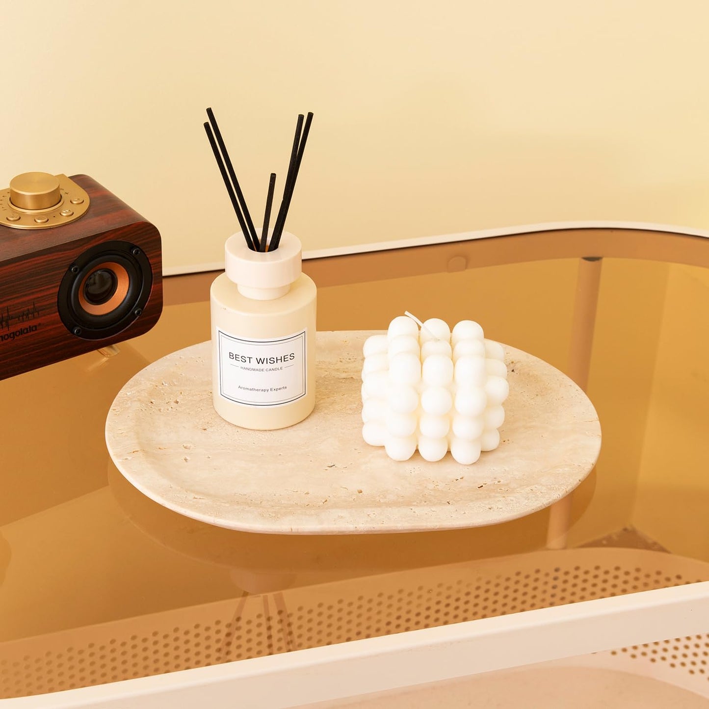 WANJINGYULE Natural Marble Decorative Tray Bathroom Counter Perfume Organizer Vanity Tray for Home Decor, Jewelry Candle, Coffee Table, Soap Holder Dresser Countertop Accessories 8"x11" Travertine
