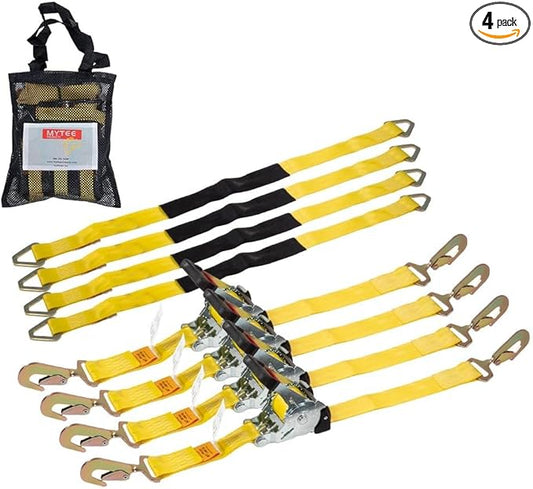 Mytee Products 4Pack 1''x12' Retractable Ratchet Straps Kit w/Snap Hook, Axle Straps w/Delta Ring, Protective Sleeve, Storage Bag - Self Ratcheting Tie Down Strap w/500 lbs WLL for Boat, Jet Ski, ATV