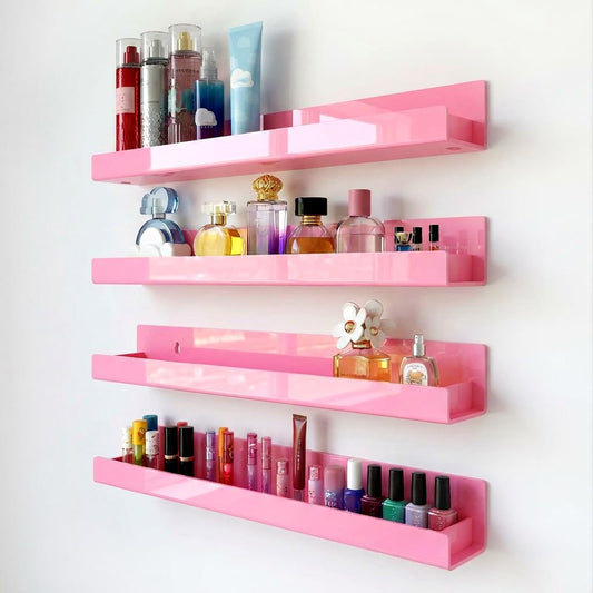 RORKIM 4 Pack 15 Inch Pink Acrylic Shelves, Kids Floating Bookshelf for Kids Room, Modern Nail Polish Rack Sunglasses Essential Oil Picture Ledge Display Toy Storage Wall Shelf