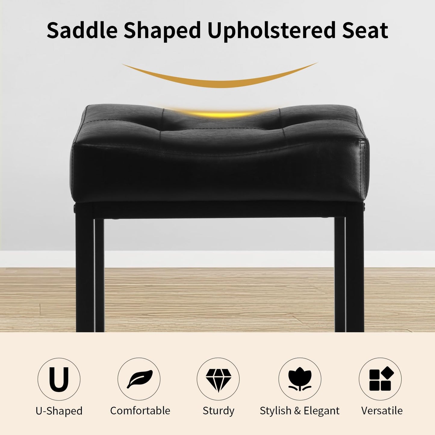 FLYZC Saddle Seat Vanity Stool, Makeup Stool Chair with Metal Leg, U-Shaped Faux Leather Ottoman Foot Rest, Small Square Chairs Under Desk for Vanity, Living Room, Bedroom, Modern Makeup Bench Black