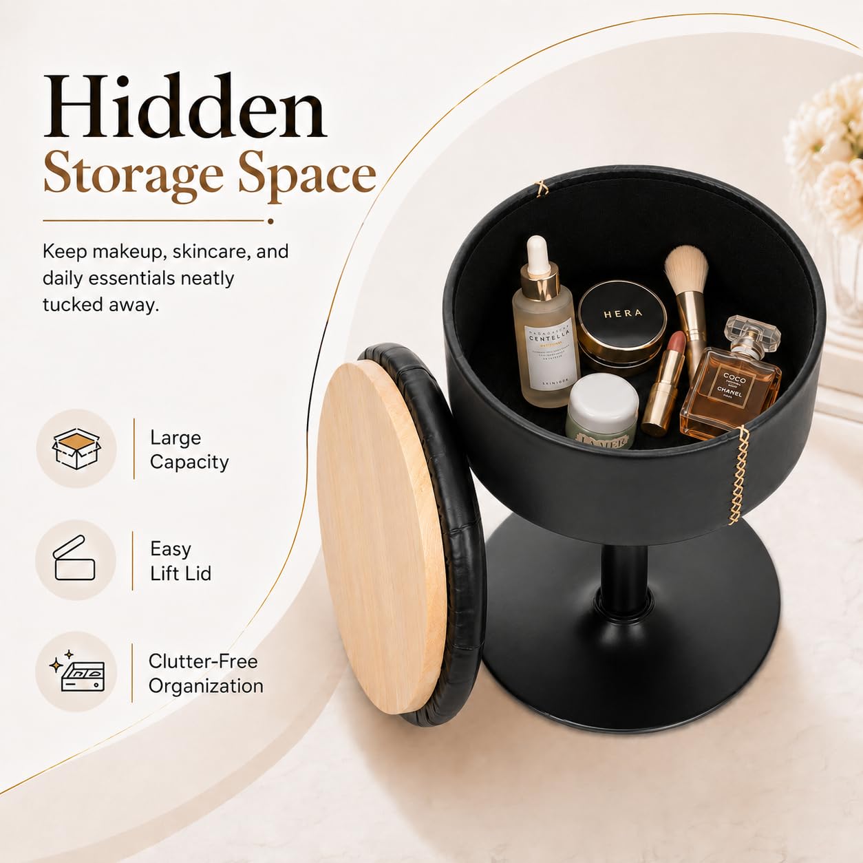 ACEQLYT 2 in 1 Adjustable Storage Vanity Stool with Flip-Over Wood Tray, 360° Swivel Vanity Chair with Storage, Small Round Makeup Stool for Vanity, Black PU Leather