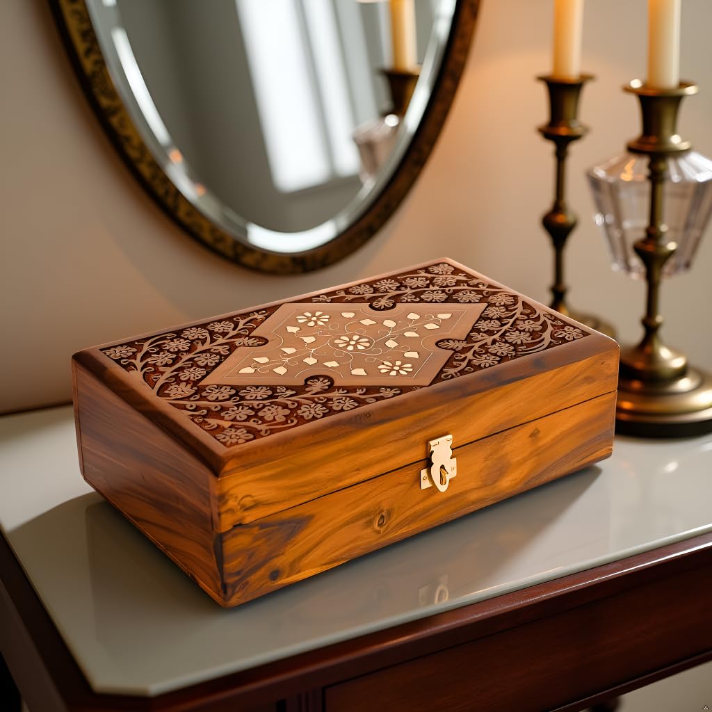 Wooden Jewelry Box with Exquisite Carving and Brass Inlay, Elegant Jewelry Organizer for Rings, Necklaces, and Bracelets, Handcrafted Storage Solution for Treasured Accessories