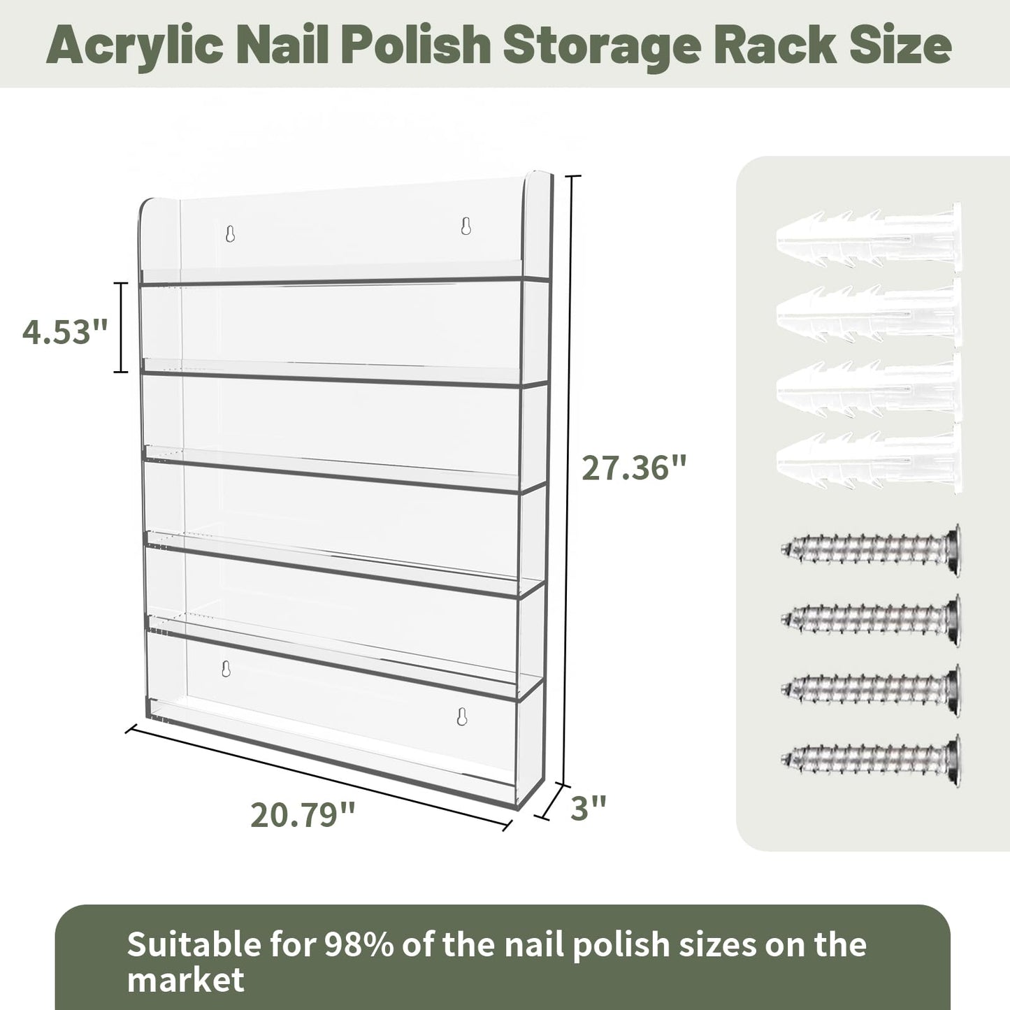Nalwort Acrylic Nail Polish Rack 6 Tier, Clear Nail Polish Display Racks Wall Mount, Hold Up to 180 Bottles, Nail Polish Storage Organizer with 50PCS Nail Swatch Sticks