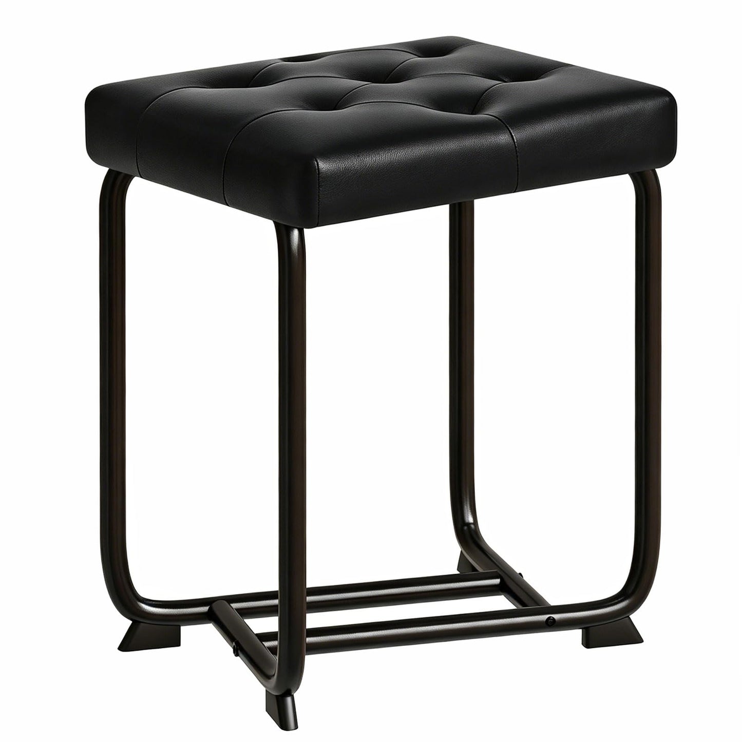 BEWISHOME Black Vanity Stool, Leather Vanity Stool, Small Stool Chair for Vanity, Square Ottoman Foot Stool, Makeup Vanity Chairs with Thick Padded Seat for Bathroom, Bedroom, Entryway, KFD01B