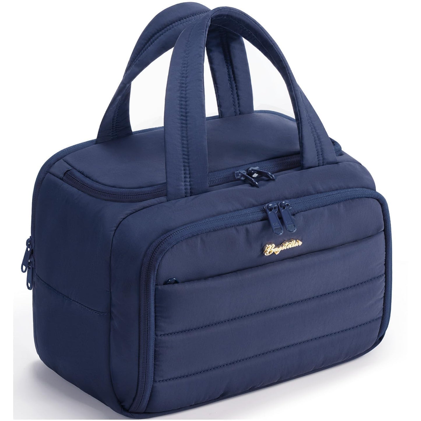 Bagstellar Travel Toiletry Bag for Women, Lightweight Large Quilted Puffy Makeup Bag Wide-open Make up Organizer Cloud Cosmetic Bag w/Handle for Traveling Toiletries Essentials Accessories Navy Blue