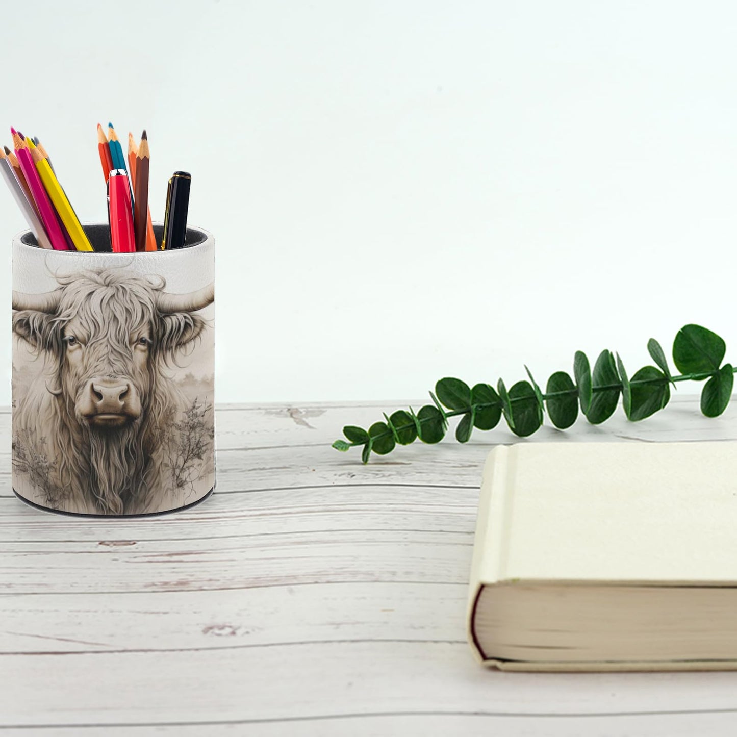 XUWU Highland Cow Pen Holder Pencil Organizer Cute Pencil Cup Desk Decor Makeup Brush Holder PU Multifunctional Office Suppliesfor Home Classroom School