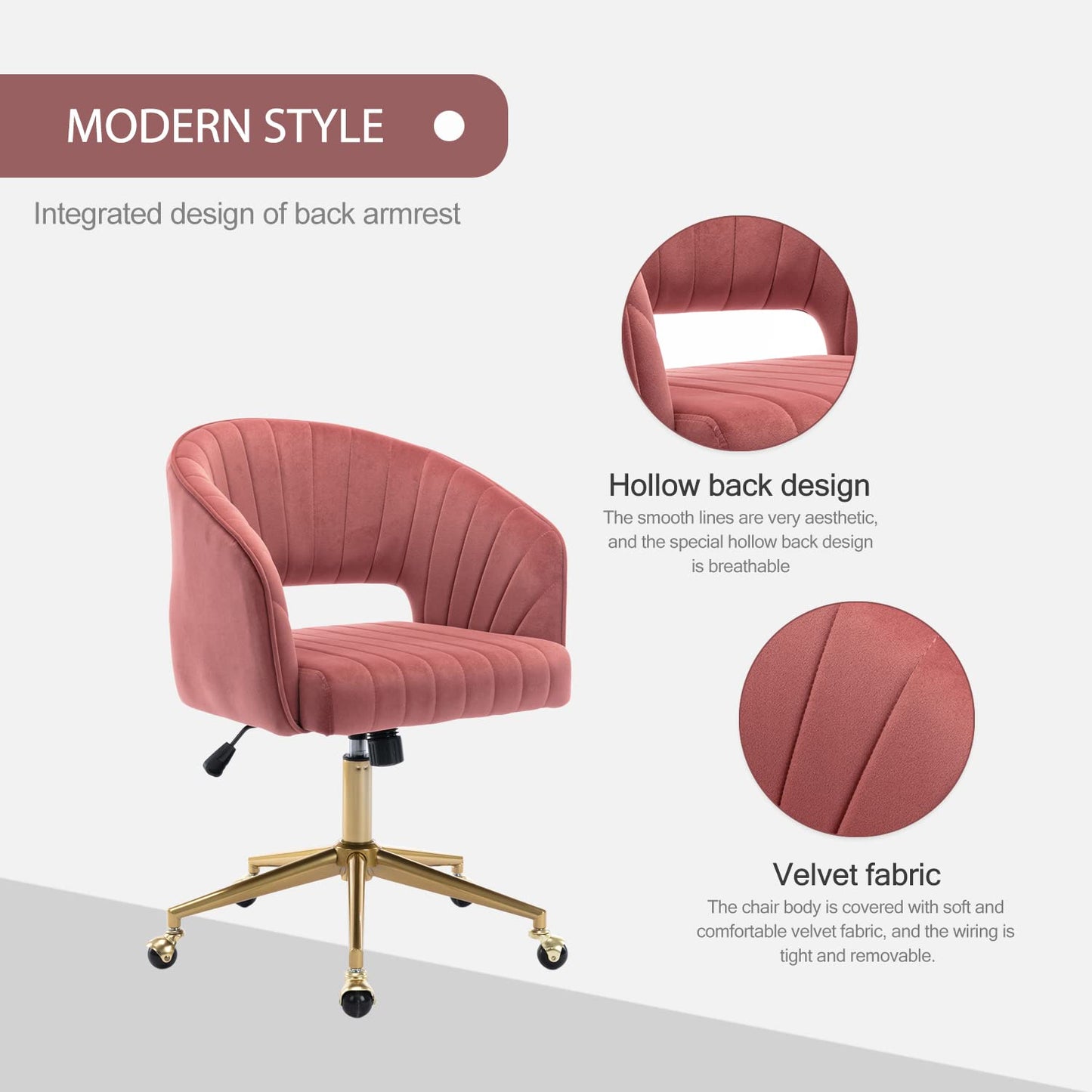 Nrizc Velvet Home Office & Living Room Desk Chairs with Adjustable Swivel Wheels, Ergonomic Upholstered Office Chair for Bedroom, Vanity Study (Rose)