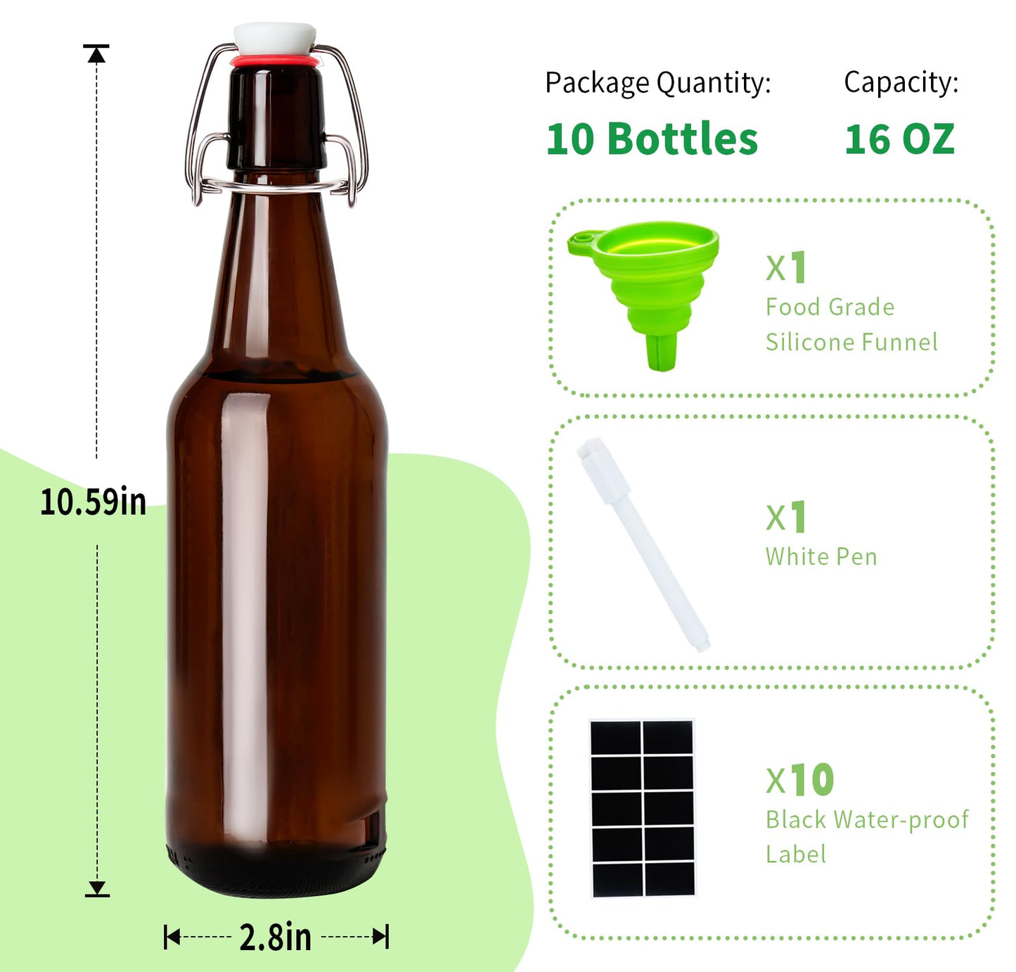 16.5oz Amber Beer Bottles with Flip Caps Set of 10, Swinging Top Glass Brewing Bottles with Airtight Lids for Vanilla Extract, Fermentation Kombucha, Beverage, Water, Kefir, Soda