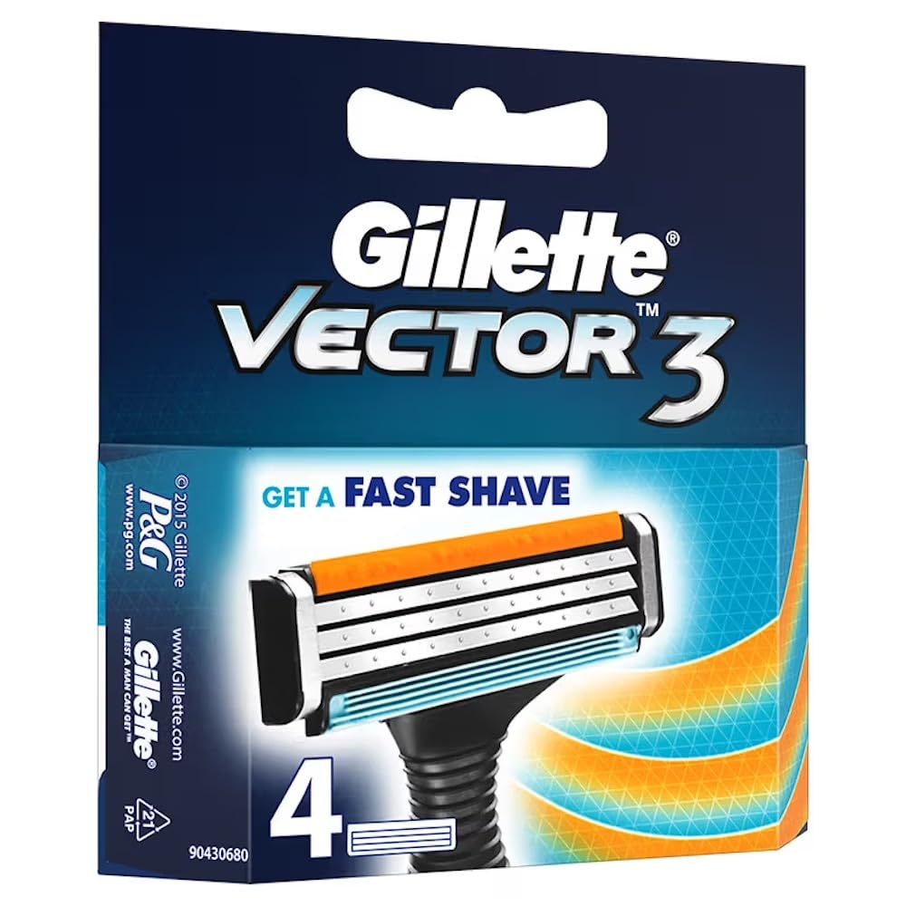 Gillette Vector 3 Manual Shaving Razor Blades for men (Pack of 4 cartridges)
