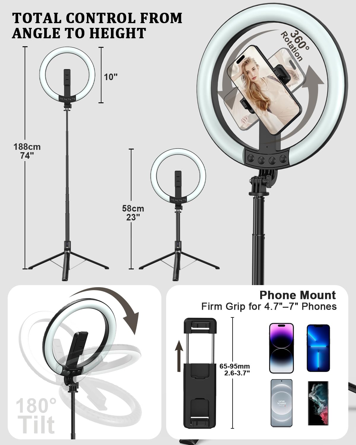 Vlogging Kit for iPhone/Android, 10” Ring Light with Stand, 74” Tripod for iPhone with Light, Microphone, YouTube Starter Kit for TikTok Content Creator
