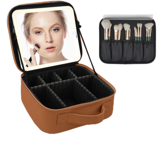 MORMID Makeup Bag with Led Mirror,Large Vanity Makeup Cases with 3 Color Setting,Portable Storage and Adjustable Dividers,for Women and Makeup Artists Cosmetic Organizer Travel Makeup Bag-Caramel