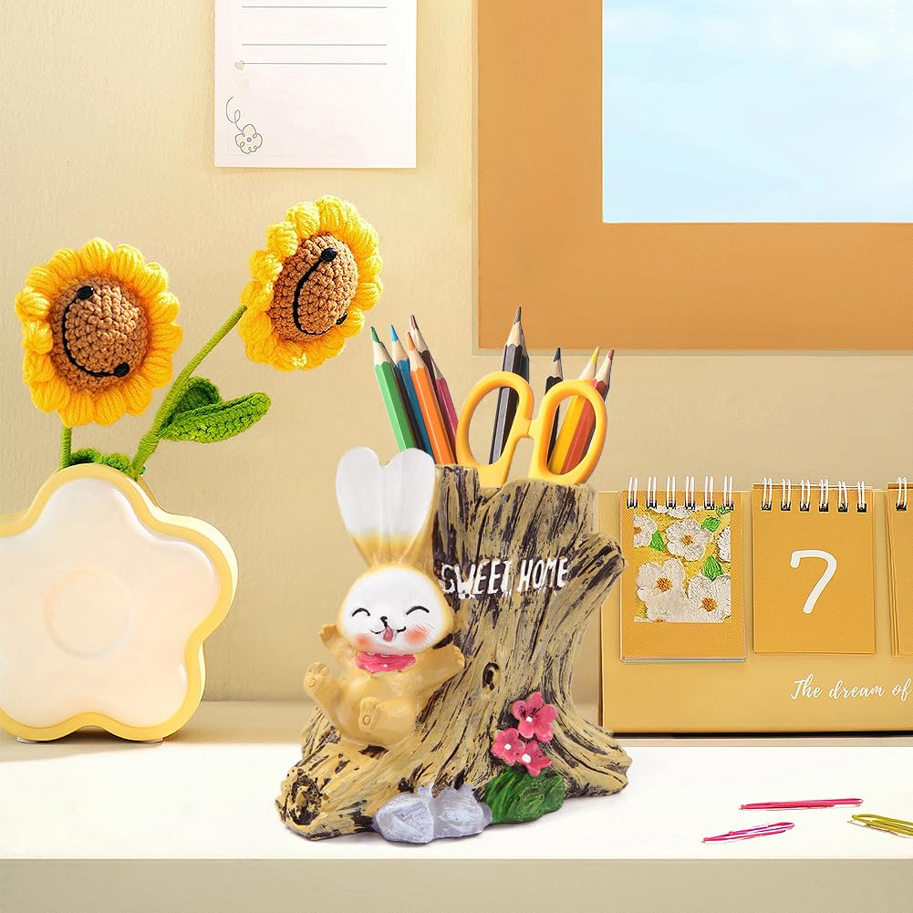 Rabbit Pencil Holder Cute Bunny Pen Container Pencil Cup Animal Pen Holder Desktop Organizer Makeup Brush Holder for Home Office Decoration Christmas Easter Kid School Student Gift (with Stump)