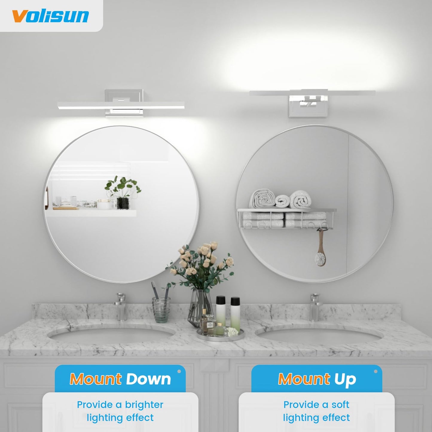 VOLISUN Modern Bathroom Vanity Light 24 inch, Rotatable, 14W Dimmable 5CCT Led Bathroom Light Fixture Over Mirror, Chrome Vanity Light for Bathroom Mirror Cabinets-ETL Certificated