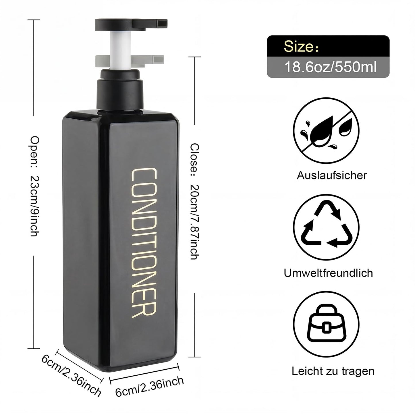 Shampoo and Conditioner Dispenser Shower Soap Bottles 3 Pack 550ml/18.6oz Refillable Shampoo Pump Bottle Dispenser Plastic Empty Body Wash Dispensers with Stylish Permanent Labels for Bathroom (Black)