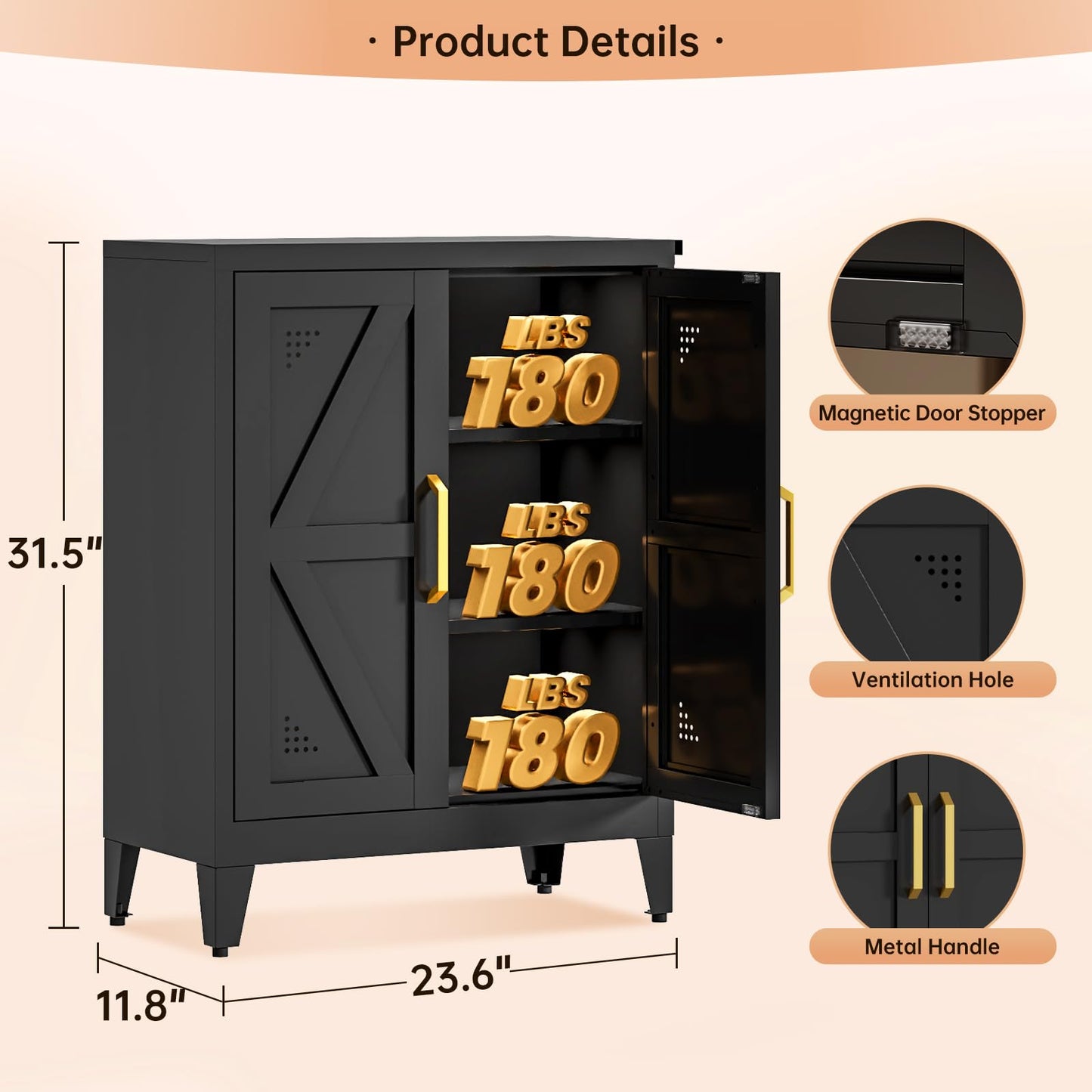 JHYKFG 32" Metal Kitchen Pantry Cabinet,Floor Bathroom Storage Cabinet with 2 Adjustable Shelves,Freestanding Sideboard for Small Spaces, Living Room, Hallway, Dining Room,Black