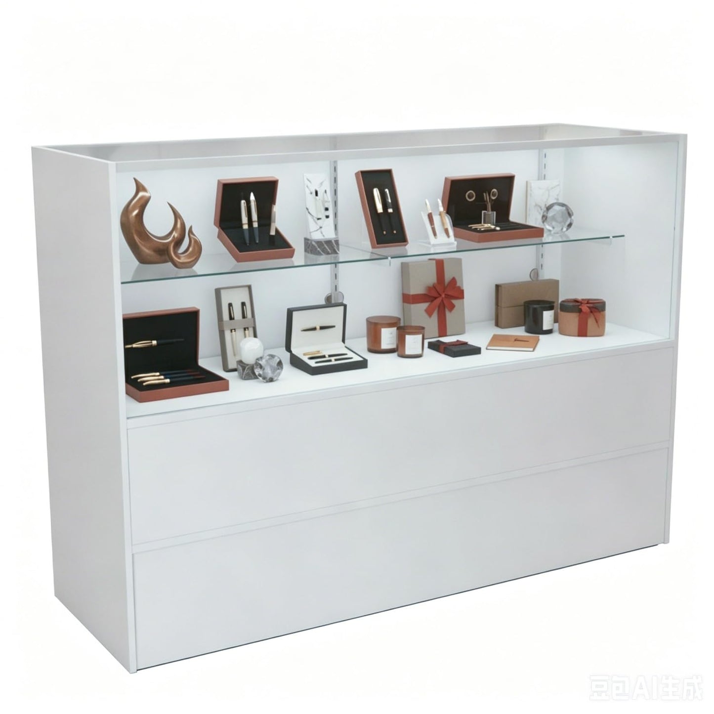 60" W x 18" D x 38" H - White Full View Retail Display Case, Illuminated Glass Display Cabinet with Adjustable Glass Shelves and Storage Space, Suitable for Retail and Collectible Display