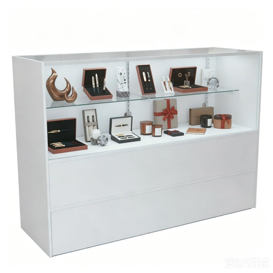 60" W x 18" D x 38" H - White Full View Retail Display Case, Illuminated Glass Display Cabinet with Adjustable Glass Shelves and Storage Space, Suitable for Retail and Collectible Display