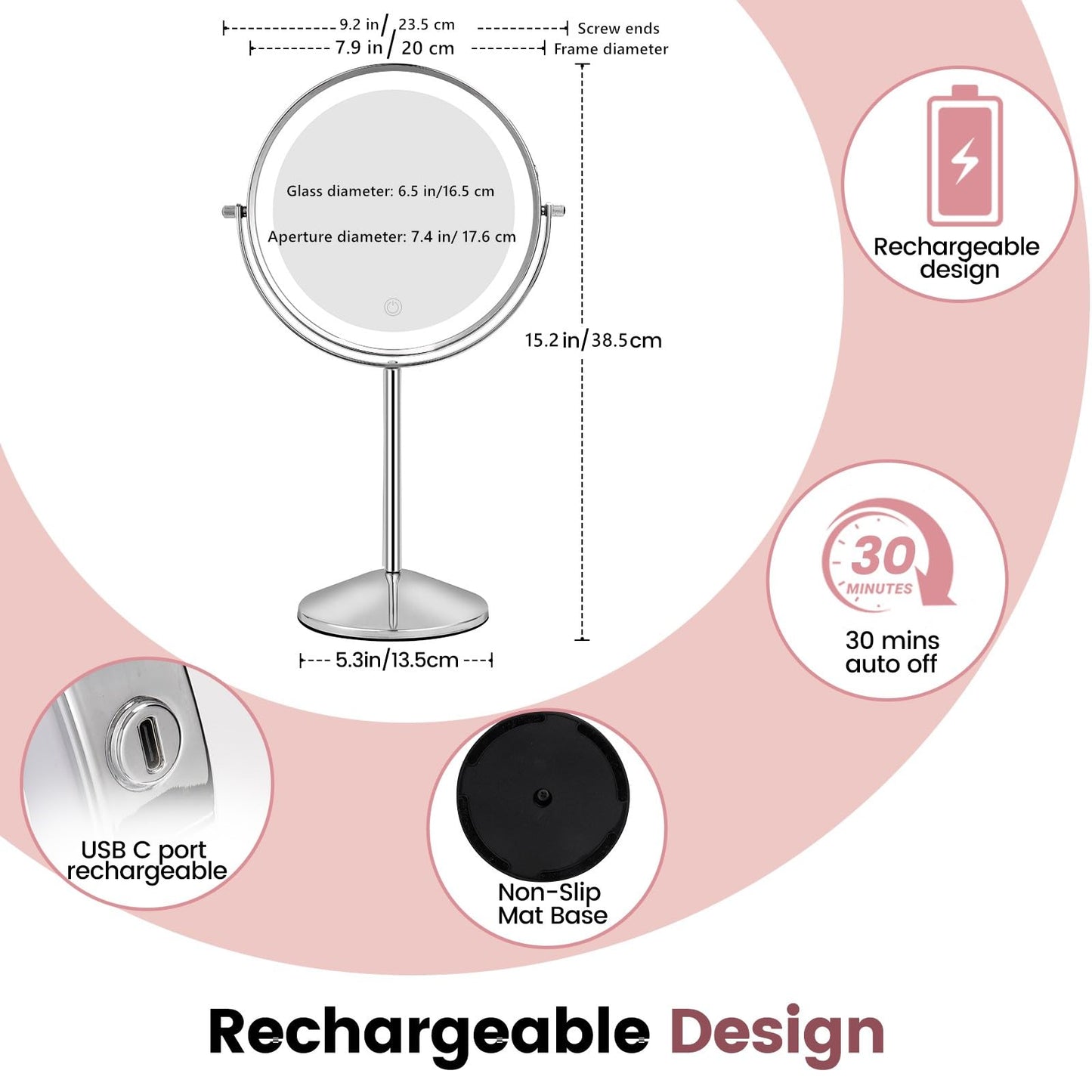 AumVum 8" Makeup Mirror with Lights, Vanity Mirror with 1X/10X Magnification, Touch Screen 3 Colors Dimmable 54 LED Lights Brightness Adjustable 360° Rotation for Tabletop