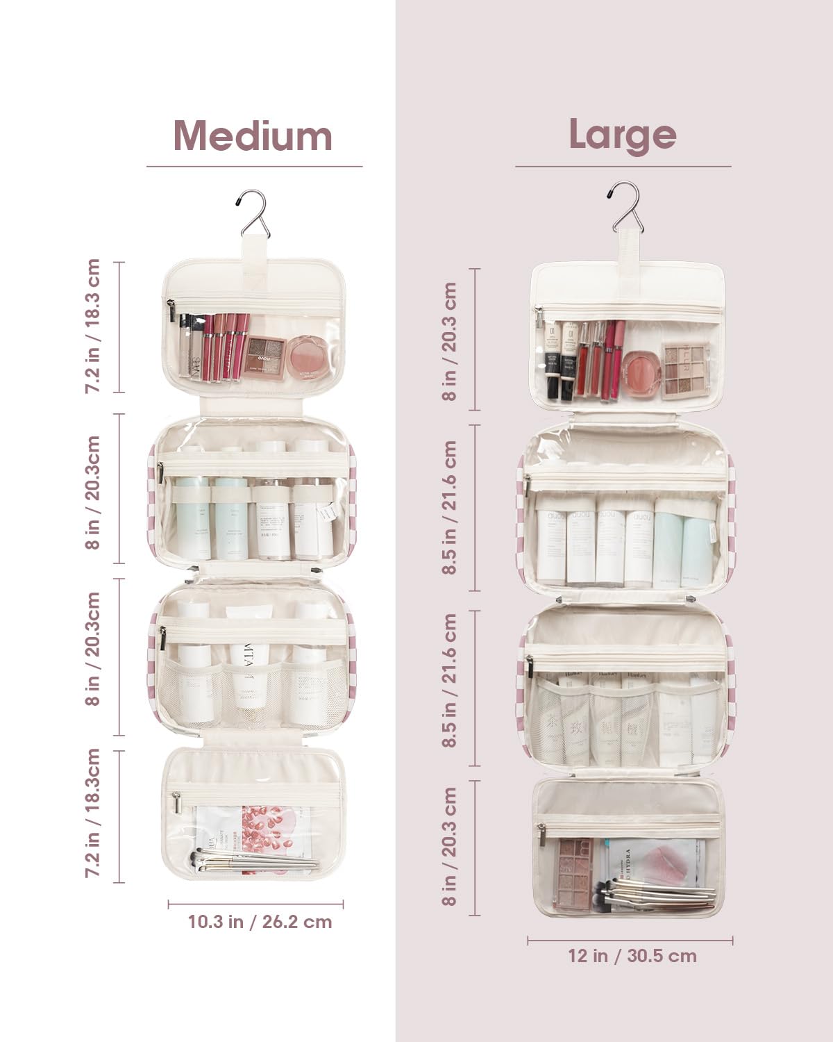 Narwey Travel Toiletry Bag for Women Large Hanging Makeup Bag Organizer Toiletries Bag for Full Size Essentials Accessories Cosmetics (Dusty Pink Checkerboard (Large))
