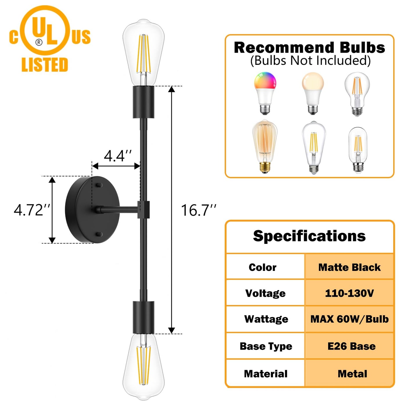 FadimiKoo 2-Light Black Bathroom Lighting Over Mirror, Modern Sconces Wall Light Fixtures, Indoor Semi Flush Mount Ceiling Light for Hallway Bedroom Kitchen (1 Pack)