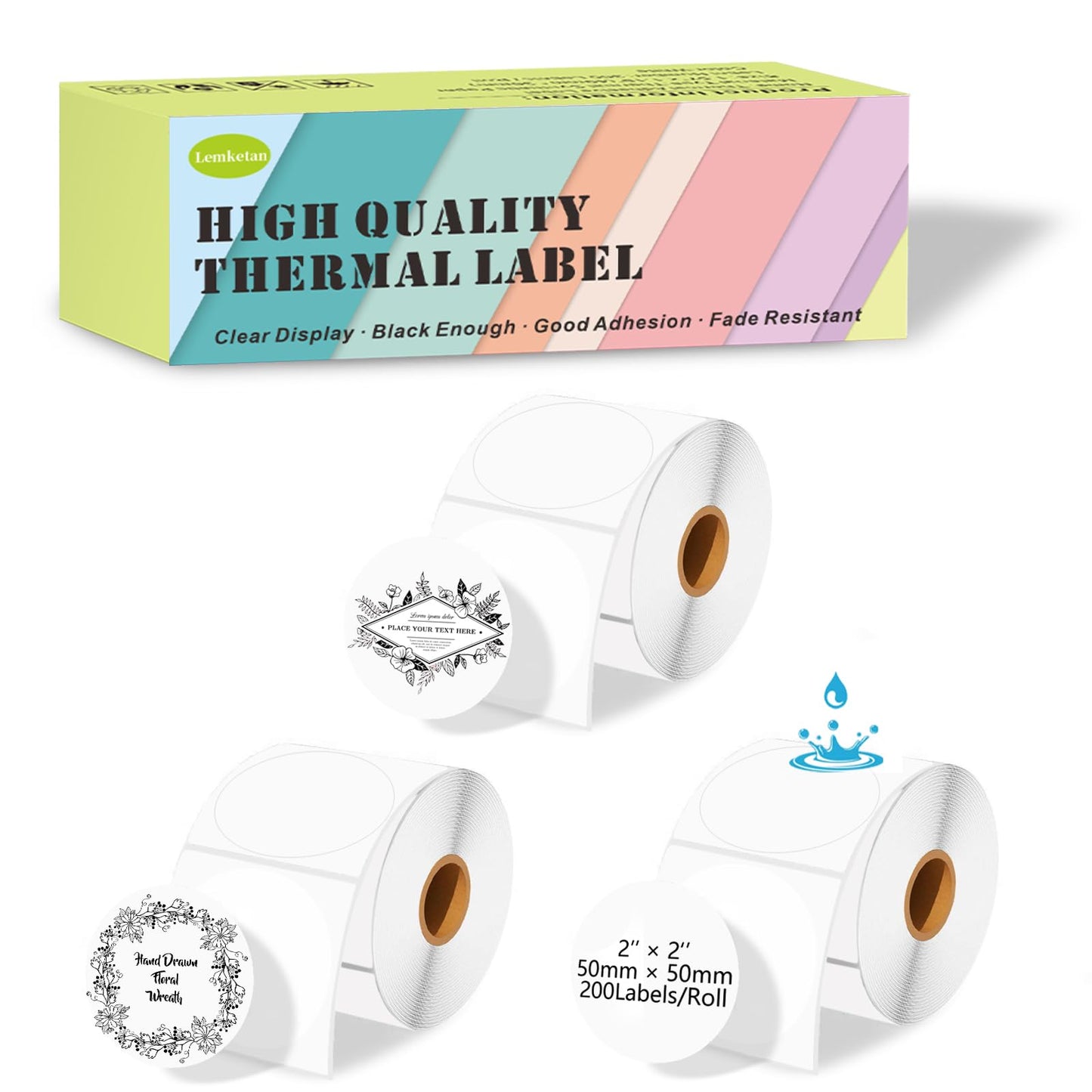 [200 Labels/Roll x 3] 50mm Circle Thermal Labels, 1.97 inch Round Label Maker Tape Refill, Weatherproof & Tear-Resistant Thermal Stickers for Phomemo M110, Supvan T50M Pro