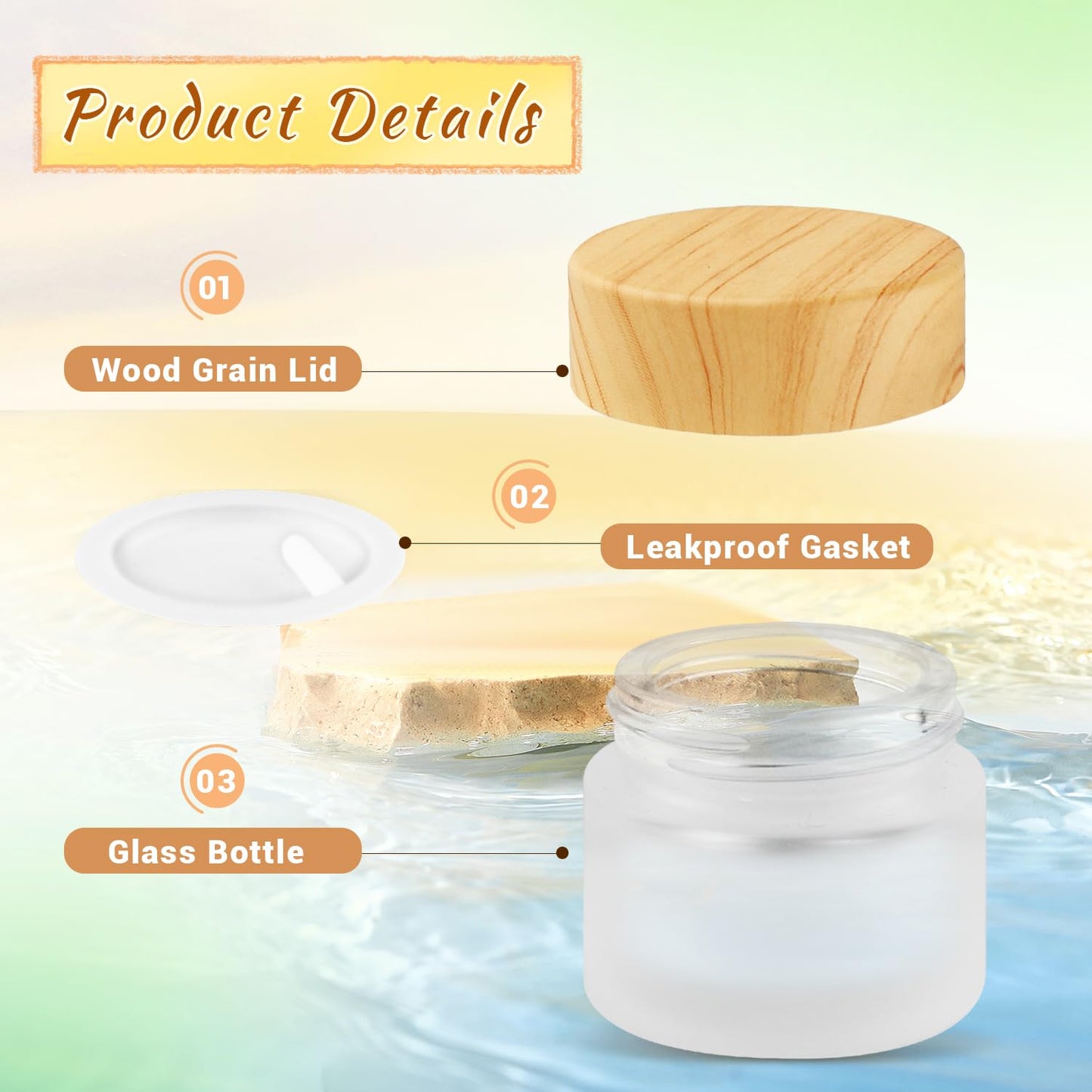 20 Pcs Frosted Glass Jars Reusable Cosmetic Canning Container with Wood Grain Lid for Lip Scrub Cream Lotion Ointments Powder - 15g/0.5oz