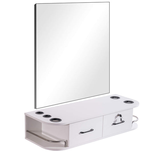 BarberPub Locking Wall Mount Styling Barber Station with Mirror Beauty Spa Salon Furniture,6154-5012-mirror (White)