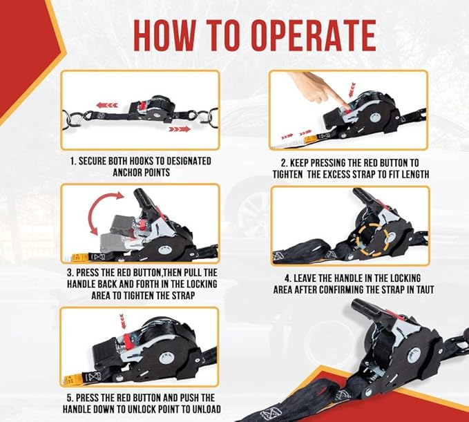 Mytee Products (2 Pack) Auto Retract NO-RATCHETING Ratchet Straps | 1" x 12' Retractable Ratchet Straps with Coated S Hook Tiedowns for Motorcycles, ATVs, Bikes: Tight & Secure Pickup Trailer Tie-Down