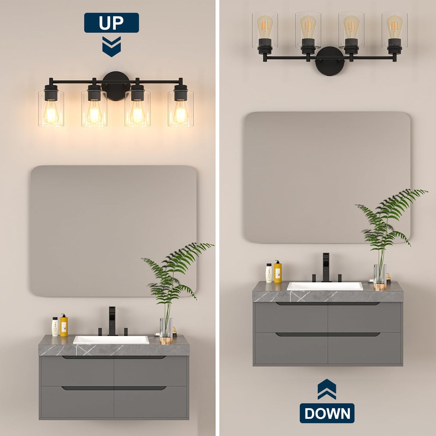 Sobrovo 4-Light Bathroom Light Fixtures, Matte Black Modern Vanity Light with Clear Glass Shades, Bathroom Sconce for Mirror Living Room Cabinet Bedroom Porch,E26 Base(Bulbs Not Included)