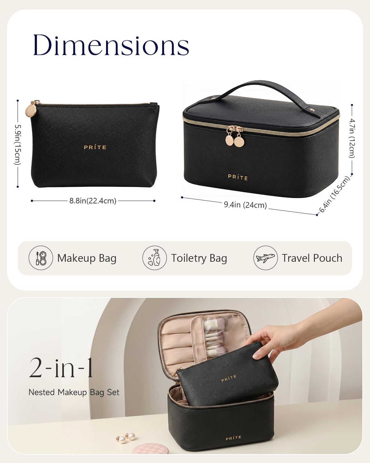 Prite Makeup Bag, Large Capacity Cosmetic Bag for Women and Girls, Waterproof PU Leather Travel Makeup Case, Toiletry Organizer with Handle and Divider for Skincare and Brushes - Black Set