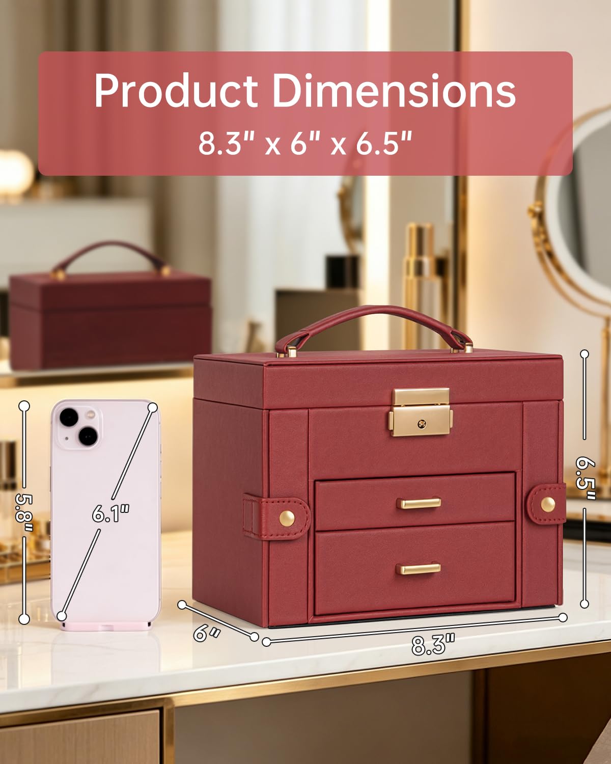 TORIBIO Jewelry Box for Women, Leather Jewelry Organizer with Mirror & Lock, 3-Tier Jewelry Storage Organizer with 2 Drawers for Girls/Women/Mothers, Necklace Earring Bracelets Holder Organizer