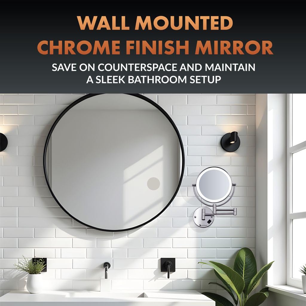 Newhouse Chrome LED Hardwired Magnifying Mirror NHMM-001-H, Lighted Makeup Mirror with Magnification, Round Arm-Mounted Mirror with Halo Light