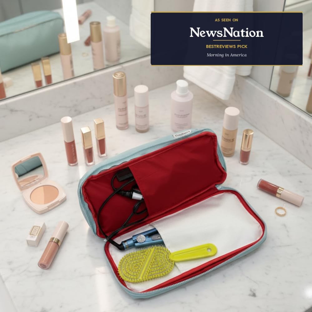 Cacheri All in One Travel Toiletry Bag Large, Makeup Bag with Jewelry Compartment and Heat-Resistant Pocket for Hair Tools