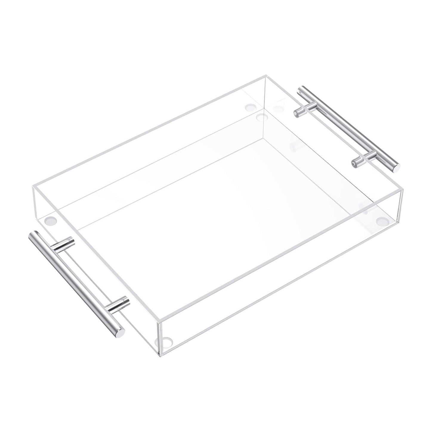 Richboom Clear Acrylic Serving Tray 16"x12" - Coffee Table Living Room Kitchen Decorative Tray with Silver Metal Handles, Bathroom Vanity Tray Perfume Cosmetic Storage Organizer