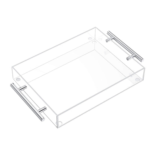 Richboom Clear Acrylic Serving Tray 16"x12" - Coffee Table Living Room Kitchen Decorative Tray with Silver Metal Handles, Bathroom Vanity Tray Perfume Cosmetic Storage Organizer