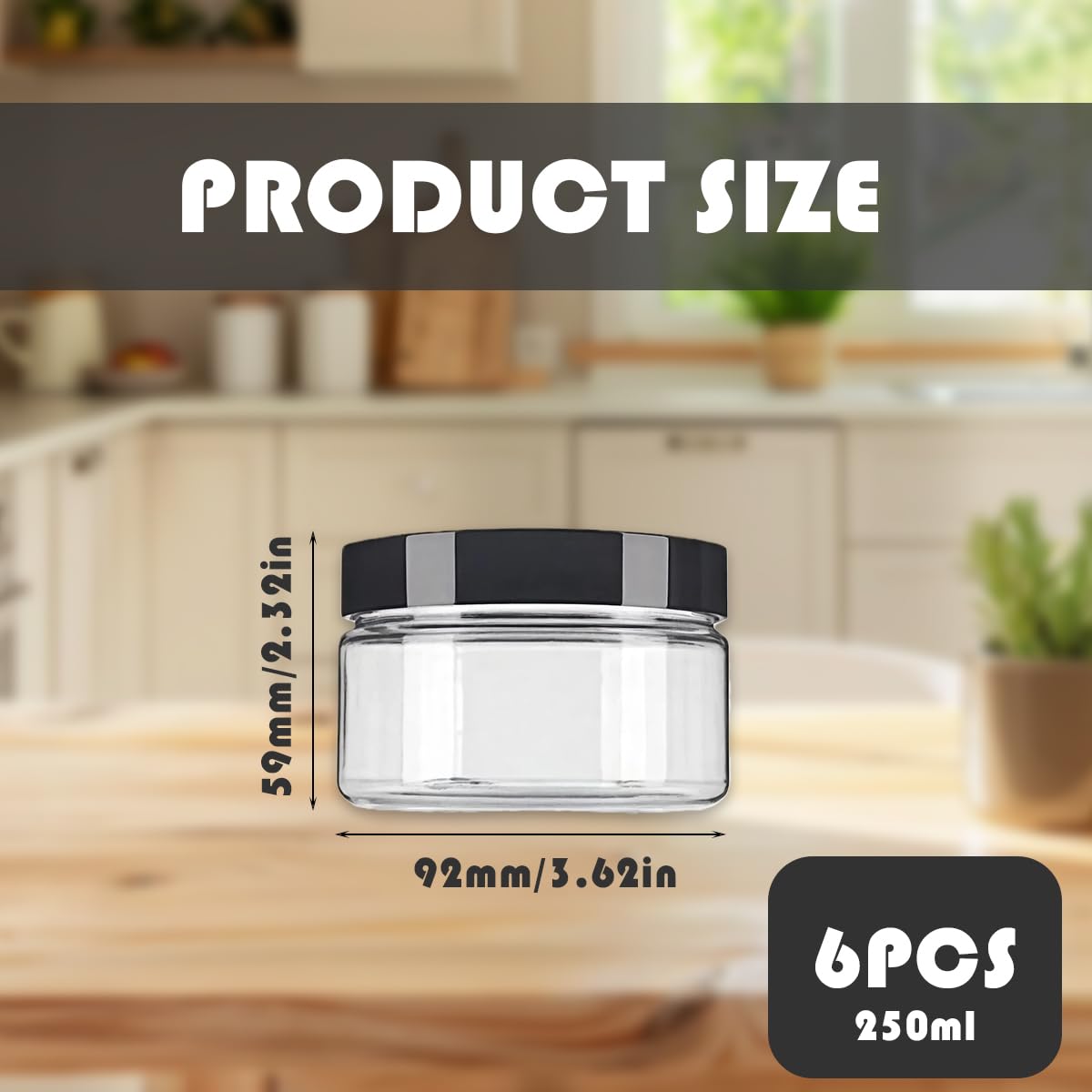 8 Oz / 250ml PET Plastic Refillable Jars Empty Cosmetic Containers Cases with Black Lid Cream Lotion Box Ointments Bottle Food Bottle Makeup Pot Jar for Lip Balm Make Up Eye Shadow Powder Pack of 6