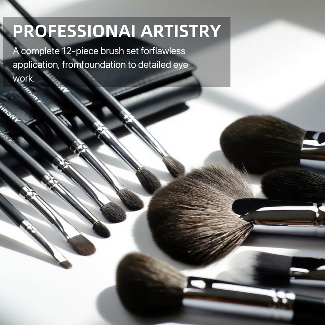 Anshute 12-Piece Professional Natural Goat Hair Makeup Brush Set with Travel-Ready Makeup Brush Organizer - 5 Face & 7 Eye Brushes. Super Soft Bristles, Variety of Brushes. Labled Brush Handle