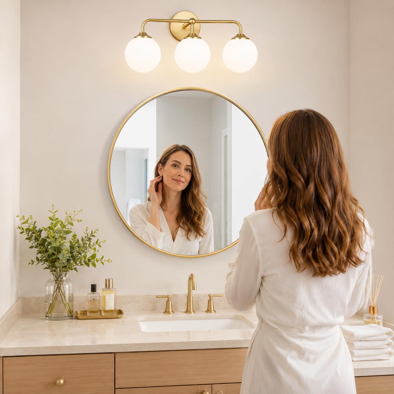 Modern Brushed Gold 3-Lights Vanity Light Fixtures with Milky White Glass Ball Shades, Mid Century Brass Wall Sconce Lighting Fixtures over Mirror, Wall Sconces for Bathroom Dressing Table Bedroom