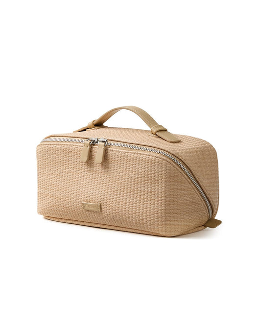 EACHY Travel Makeup Bag, Woven Travel Waterproof Toiletry Bag, Portable 180° Wide-Open Flat Cosmetic Bags for Women, Large Capacity Makeup Pouch with Divider and Handle