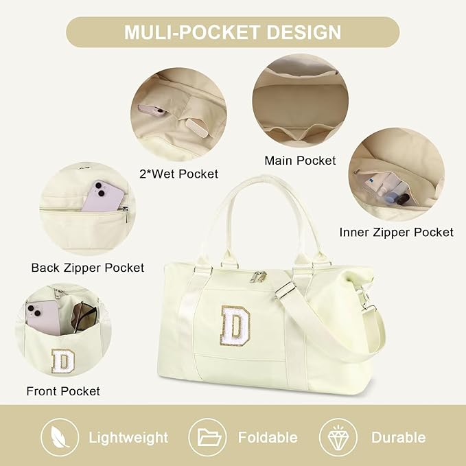 Dance Gym Duffel Bag for Teen Girls, Personalized Initial Travel Weekender Bag,Cute Overnight Carry On Duffle for Women,Sports Travel Cheer Bag,Monogram Christmas Gifts for Tween Preppy(beige-D)