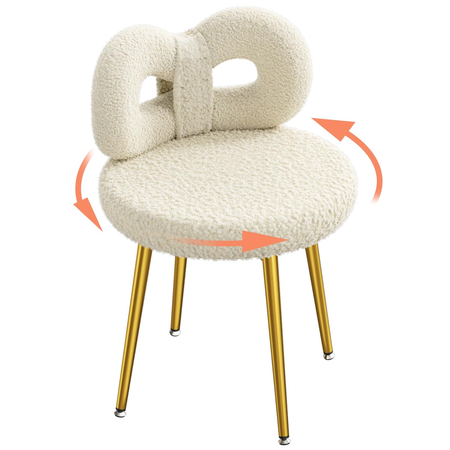 ROOMTEC Vanity Chair with Back, Swivel Makeup Chair with Upholstered and Golden Metal Legs for Living Bedroom and Makeup Room, Off-White