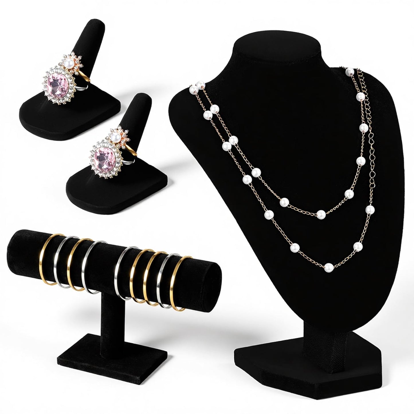 4 Pcs Velvet Jewelry Display Set, Velvet Necklace Bust Holder 2 Pcs Velvets Ring Finger Jewelry Holder Bracelet Organizer for Necklaces, Bracelets, Bangles, Chains, Anklets for Jewelrys Showcase