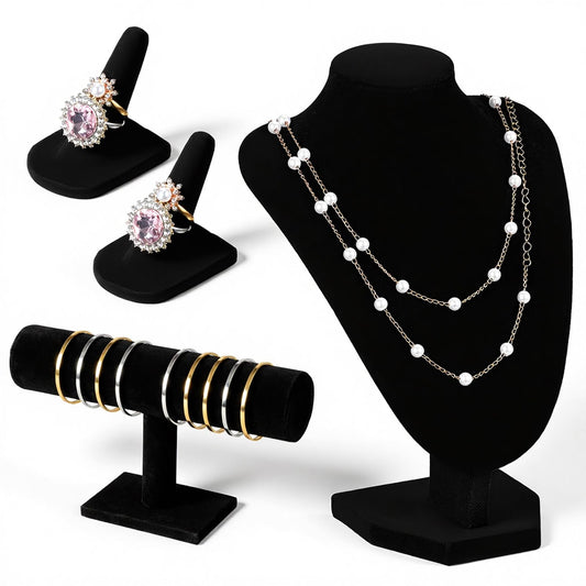 4 Pcs Velvet Jewelry Display Set, Velvet Necklace Bust Holder 2 Pcs Velvets Ring Finger Jewelry Holder Bracelet Organizer for Necklaces, Bracelets, Bangles, Chains, Anklets for Jewelrys Showcase