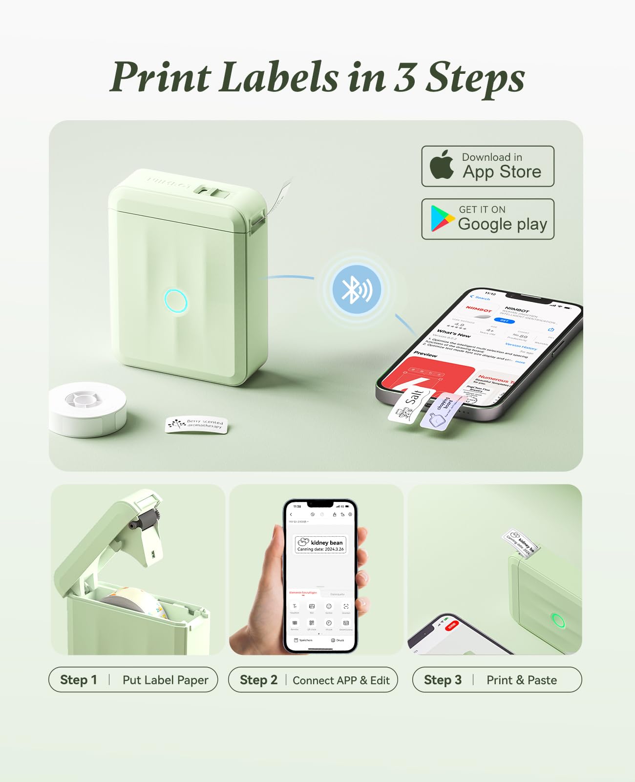 NIIMBOT D110 Label Maker Machine, Bluetooth Thermal Label Printer for School Home Office Organization, Mini Thermal Printer, Label Maker with 1 Label Tape, Green