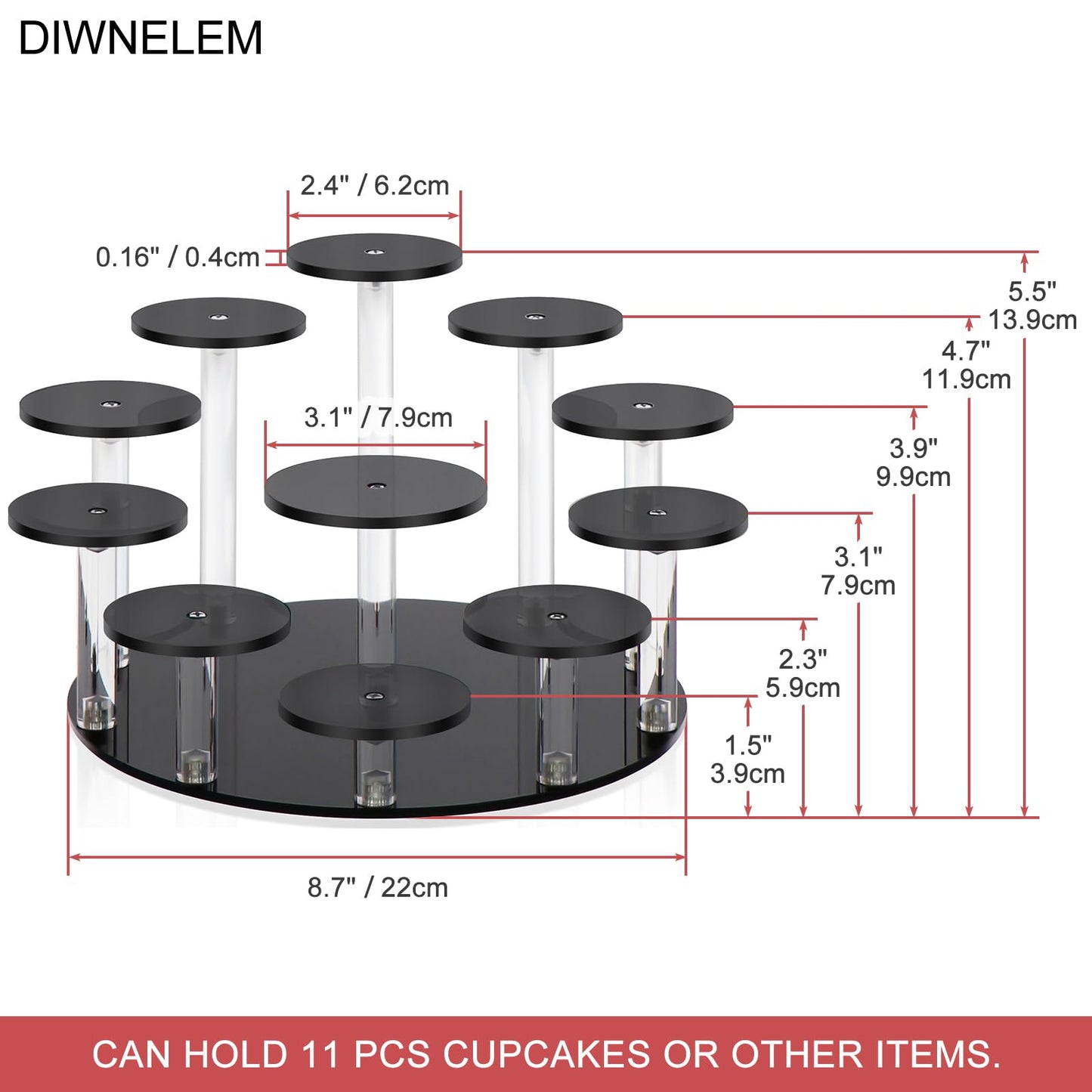 DIWNELEM Round Jewelry Stand Acrylic Display Riser Stands Dessert Tower Display Tower for Watch,Jewelry,Rings,Earrings,Mini Figurines,Cupcakes(Black,11Tier)