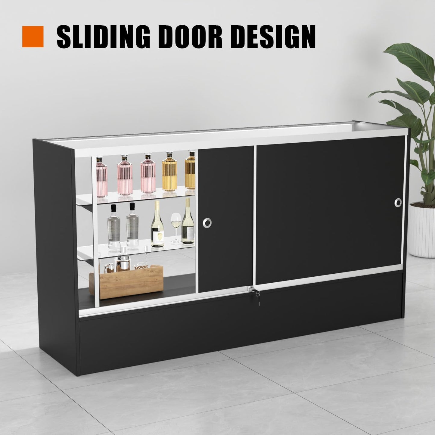 48" W x 38" H x 18" D - Full View Retail Display Cabinet, Black Wooden Frame Glass Display Cabinet with LED Lighting and Adjustable Glass Shelves